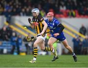 10 March 2024; TJ Reid of Kilkenny is tackled by John Conlon of Clare during the Allianz Hurling League Division 1 Group A match between Clare and Kilkenny at Cusack Park in Ennis, Clare. Photo by John Sheridan/Sportsfile