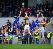 10 March 2024; David Reidy of Clare, left, Richie Reid of Kilkenny, 6, Peter Duggan of Clare and David Blanchfield of Kilkenny fight for possession during the Allianz Hurling League Division 1 Group A match between Clare and Kilkenny at Cusack Park in Ennis, Clare. Photo by Ray McManus/Sportsfile