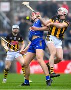 10 March 2024; Peter Duggan of Clare is tackled by Mikey Carey of Kilkenny during the Allianz Hurling League Division 1 Group A match between Clare and Kilkenny at Cusack Park in Ennis, Clare. Photo by Ray McManus/Sportsfile