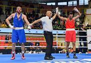 10 March 2024; Kelyn Cassidy of Ireland, right, celebrates after he is declared victorious over Rafayel Hovhannisyan of Armenia after their Men's 80kg Round of 16 bout during day eight at the Paris 2024 Olympic Boxing Qualification Tournament at E-Work Arena in Busto Arsizio, Italy. Photo by Ben McShane/Sportsfile