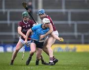 10 March 2024; Conor Donohoe of Dublin in action against Gavin Lee and Conor Cooney, 12, of Galway during the Allianz Hurling League Division 1 Group B match between Galway v Dublin at Pearse Stadium in Galway. Photo by Piaras Ó Mídheach/Sportsfile