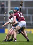 10 March 2024; Conor Donohoe of Dublin in action against Gavin Lee and Conor Cooney, 12, of Galway during the Allianz Hurling League Division 1 Group B match between Galway v Dublin at Pearse Stadium in Galway. Photo by Piaras Ó Mídheach/Sportsfile