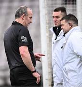 10 March 2024; Referee Johnny Murphy speaking with his umpires during the Allianz Hurling League Division 1 Group B match between Galway v Dublin at Pearse Stadium in Galway. Photo by Piaras Ó Mídheach/Sportsfile