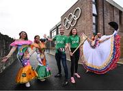 12 March 2024; In attendance at the announcement of Team Ireland and PTSB sponsorship of the St Patrick's Day Festival is Olympic medallist in boxing, Kenneth Egan and Olympic medallist in sailing, Annalise Murphy with dancers, from left, Jagna Jiglioly, Janet Justiniani, Pablo Rojas and Narviz Narvaez at the Olympic House Sport Ireland Campus in Dublin. Photo by David Fitzgerald/Sportsfile