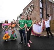 12 March 2024; In attendance at the announcement of Team Ireland and PTSB sponsorship of the St Patrick's Day Festival is Olympic medallist in boxing, Kenneth Egan and Olympic medallist in sailing, Annalise Murphy with dancers, from left, Jagna Jiglioly, Janet Justiniani, Narviz Narvaez and Pablo Rojas at the Olympic House Sport Ireland Campus in Dublin. Photo by David Fitzgerald/Sportsfile