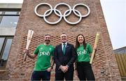 12 March 2024; In attendance at the announcement of Team Ireland and PTSB sponsorship of the St Patrick's Day Festival is Olympic Federation of Ireland chief executive Peter Sherrard, centre, with Olympic medallist in boxing, Kenneth Egan, left, Patrick Farrell, PTSB Director of Retail Banking and Olympic medallist in sailing, Annalise Murphy at the Olympic House Sport Ireland Campus in Dublin. Photo by David Fitzgerald/Sportsfile