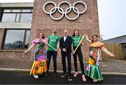 12 March 2024; In attendance at the announcement of Team Ireland and PTSB sponsorship of the St Patrick's Day Festival is Richard Tierney, CEO St Patrick's Day festival, centre, with Olympic medallist in boxing, Kenneth Egan and Olympic medallist in sailing, Annalise Murphy with dancers Jagna Jiglioly and Janet Justiniani at the Olympic House Sport Ireland Campus in Dublin. Photo by David Fitzgerald/Sportsfile