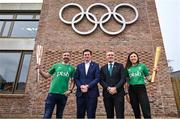 12 March 2024; In attendance at the announcement of Team Ireland and PTSB sponsorship of the St Patrick's Day Festival is, from left, Olympic medallist in boxing, Kenneth Egan, Patrick Farrell, PTSB Director of Retail Banking with Olympic Federation of Ireland chief executive Peter Sherrard, and Olympic medallist in sailing, Annalise Murphy at the Olympic House Sport Ireland Campus in Dublin. Photo by David Fitzgerald/Sportsfile