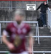 10 March 2024; Galway supporter James Holohan, from Ballinasloe, makes a request during the Allianz Hurling League Division 1 Group B match between Galway v Dublin at Pearse Stadium in Galway. Photo by Piaras Ó Mídheach/Sportsfile