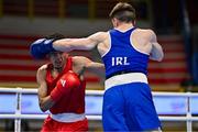 10 March 2024; Soulaimane Samghouli of Morocco, left, in action against Jude Gallagher of Ireland during their Men's 57kg Round of 16 bout during day eight at the Paris 2024 Olympic Boxing Qualification Tournament at E-Work Arena in Busto Arsizio, Italy. Photo by Ben McShane/Sportsfile