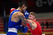 10 March 2024; Owain Harris-Allan of Great Britain, right, in action against Lucas Alexander Fernandez Garcia of Uruguay during their Men's 57kg Round of 16 bout during day eight at the Paris 2024 Olympic Boxing Qualification Tournament at E-Work Arena in Busto Arsizio, Italy. Photo by Ben McShane/Sportsfile