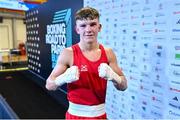 10 March 2024; Owain Harris-Allan of Great Britain celebrates after winning their Men's 57kg Round of 16 bout against Lucas Alexander Fernandez Garcia of Uruguay during day eight at the Paris 2024 Olympic Boxing Qualification Tournament at E-Work Arena in Busto Arsizio, Italy. Photo by Ben McShane/Sportsfile