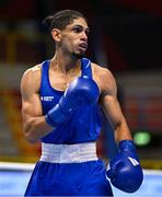 10 March 2024; Lucas Alexander Fernandez Garcia of Uruguay during their Men's 57kg Round of 16 bout against Owain Harris-Allan of Great Britain during day eight at the Paris 2024 Olympic Boxing Qualification Tournament at E-Work Arena in Busto Arsizio, Italy. Photo by Ben McShane/Sportsfile