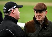11 March 2024; Horse owner JP McManus, right, and trainer Gordon Elliott on the gallops ahead of the Cheltenham Racing Festival at Prestbury Park in Cheltenham, England. Photo by David Fitzgerald/Sportsfile