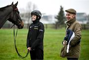 11 March 2024; Trainer Henry de Bromhead, jockey Rachael Blackmore and Slade Steel on the gallops ahead of the Cheltenham Racing Festival at Prestbury Park in Cheltenham, England. Photo by Harry Murphy/Sportsfile