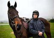 11 March 2024; Jockey Patrick Mullins with Embassy Gardens on the gallops ahead of the Cheltenham Racing Festival at Prestbury Park in Cheltenham, England. Photo by Harry Murphy/Sportsfile
