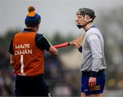 10 March 2024; Clare goalkeeper Eamonn Foudy, right, in conversation with Clare kitman Niall Romer during the Allianz Hurling League Division 1 Group A match between Clare and Kilkenny at Cusack Park in Ennis, Clare. Photo by Ray McManus/Sportsfile