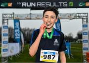 9 March 2024; Ethan Bramhill of Greystones CC, Wicklow, after finishing second the minor boys 2500m during the 123.ie All Ireland Schools Cross Country Championships at Tymon Park in Tallaght, Dublin. Photo by Sam Barnes/Sportsfile