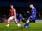 4 March 2024; Ryan Burke of Waterford in action against Brandon Kavanagh of St Patrick's Athletic during the SSE Airtricity Men's Premier Division match between Waterford and St Patrick's Athletic at the Regional Sports Centre in Waterford. Photo by Piaras Ó Mídheach/Sportsfile