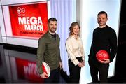 11 March 2024; Former Leinster and Ireland rugby player Rob Kearney, left, former jockey Nina Carberry, centre, and former Republic of Ireland player Damien Delaney are pictured as Virgin Media Television celebrated its ‘Mega March’ of live sport, with Guinness Six Nations, Republic of Ireland international friendlies, Cheltenham Festival and much more. Photo by Ramsey Cardy/Sportsfile