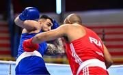 11 March 2024; Djamili-Dani Aboudou Moindze of France, right, in action against Alexis Barriere of Canada during their Men's 92kg+ Quarterfinals bout during day nine at the Paris 2024 Olympic Boxing Qualification Tournament at E-Work Arena in Busto Arsizio, Italy. Photo by Ben McShane/Sportsfile