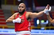 11 March 2024; Djamili-Dani Aboudou Moindze of France celebrates after qualifying for the Olympics after winning their Men's 92kg+ Quarterfinals bout against Alexis Barriere of Canada during day nine at the Paris 2024 Olympic Boxing Qualification Tournament at E-Work Arena in Busto Arsizio, Italy. Photo by Ben McShane/Sportsfile