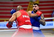 11 March 2024; Djamili-Dani Aboudou Moindze of France, left, in action against Alexis Barriere of Canada during their Men's 92kg+ Quarterfinals bout during day nine at the Paris 2024 Olympic Boxing Qualification Tournament at E-Work Arena in Busto Arsizio, Italy. Photo by Ben McShane/Sportsfile