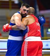 11 March 2024; Djamili-Dani Aboudou Moindze of France, right, in action against Alexis Barriere of Canada during their Men's 92kg+ Quarterfinals bout during day nine at the Paris 2024 Olympic Boxing Qualification Tournament at E-Work Arena in Busto Arsizio, Italy. Photo by Ben McShane/Sportsfile