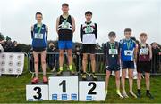9 March 2024; Junior boys 3500m medallists, Charlie O'Neill of Belvedere College, Dublin, gold, Evan Tosh of Belfast Royal Academy, silver, Ciarán Considine of Seamount College Kinvara, Galway, bronze, Rory Armstrong of Aquinas GS Belfast, fourth, Seamus Burke of Ballinrobe CS, Mayo, fifth and Robert Coogan of Kilkenny CBS, sixth, during the 123.ie All Ireland Schools Cross Country Championships at Tymon Park in Tallaght, Dublin. Photo by Sam Barnes/Sportsfile
