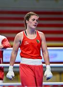 11 March 2024; Grainne Walsh of Ireland reacts after her defeat against Aneta Rygielska of Poland in her Women's 66kg Quarterfinals bout during day nine at the Paris 2024 Olympic Boxing Qualification Tournament at E-Work Arena in Busto Arsizio, Italy. Photo by Ben McShane/Sportsfile