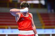 11 March 2024; Grainne Walsh of Ireland, reacts after her defeat against Aneta Rygielska of Poland in thier Women's 66kg Quarterfinals bout, during day nine at the Paris 2024 Olympic Boxing Qualification Tournament at E-Work Arena in Busto Arsizio, Italy. Photo by Ben McShane/Sportsfile