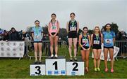 9 March 2024; Inter girls 3500m medallists, Emily Bolton of Mount Sackville Sec. School Chapelizod, Dublin, gold, Dearbhla Allen of St. Mary's College, silver, Emily Morris of Strathearn School, Belfast, bronze, Cora Scullion of Loreto Omagh, Tyrone, fourth, Ellie Barry of Loreto Fermoy, Cork, fifth and Sholah Lawrence of Our Lady's College, sixth, during the 123.ie All Ireland Schools Cross Country Championships at Tymon Park in Tallaght, Dublin. Photo by Sam Barnes/Sportsfile