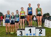 9 March 2024; Senior girls 3500m medallists Anna Gardiner of Assumption GS, Down, gold, Lucy Foster of Down HS Downpatrick, silver, Meabh Eakin of Ballymakenny College, Louth, bronze, Eimear McCarroll of Loreto Omagh, Tyrone, fourth, Edel McCreery of Loreto High School Beaufort, Dublin, fifth, and Grace Byrne of Loreto College, sixth, during the 123.ie All Ireland Schools Cross Country Championships at Tymon Park in Tallaght, Dublin. Photo by Sam Barnes/Sportsfile