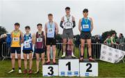 9 March 2024; Senior boys 6000m medallists, Cormac Dixon of Holy Family Community School Rathcoole, Dublin, gold, Noah Harris of ETSS Wicklow, silver, Sean Lawton of Colaiste Pobail Bantry, Cork, bronze, Billy Coogan of Kilkenny CBS, fourth, Callum Barron of Good Council New Ross, fifth and Ryan Mccarthy of Kinsale CS, Cork, sixth, during the 123.ie All Ireland Schools Cross Country Championships at Tymon Park in Tallaght, Dublin. Photo by Sam Barnes/Sportsfile