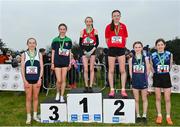 9 March 2024;  Minor girls 200m medallists, Madison Welby of Friends School Lisburn, gold, Laura Ayres of St Leo's Carlow, silver, Beth Reamsbottom of Santa Sabina, Dublin, bronze, Áine Smith of Our Ladys Castleblayney, Monaghan, 111, fourth, Kate Kelly of Mount Lourdes Enniskillen, Fermanagh, 104, fifth and Aisling Kelly of Colaiste Muire Ennis, Clare, 70, sixth, during the 123.ie All Ireland Schools Cross Country Championships at Tymon Park in Tallaght, Dublin. Photo by Sam Barnes/Sportsfile