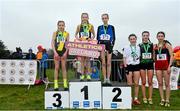 9 March 2024; Junior girls 2500m medallists, Freya Renton of SH Westport, Mayo, gold, Emma Haugh of St Flannans Ennis, Clare, silver, Holly Renton of SH Westport, Mayo, bronze, Emma Flynn of Colaiste Treasa Kanturk, Cork, fourth, Abby Smith of Colaiste Dun an Ri Kingscourt, fifth and Jennifer McCarthy of Dominican College Taylors Hill Galway, sixth, during the 123.ie All Ireland Schools Cross Country Championships at Tymon Park in Tallaght, Dublin. Photo by Sam Barnes/Sportsfile
