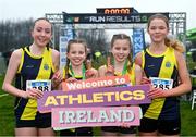 9 March 2024; The SH Westport team, Mayo, from left, Erin Walsh, Freya Renton, Holly Renton and Eimear Jennings after winning the junior girls 2500m team event during the 123.ie All Ireland Schools Cross Country Championships at Tymon Park in Tallaght, Dublin. Photo by Sam Barnes/Sportsfile