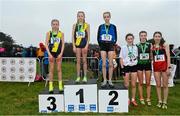9 March 2024; Junior girls 2500m medallists, Freya Renton of SH Westport, Mayo, gold, Emma Haugh of St Flannans Ennis, Clare, silver, Holly Renton of SH Westport, Mayo, bronze, Emma Flynn of Colaiste Treasa Kanturk, Cork, fourth, Abby Smith of Colaiste Dun an Ri Kingscourt, fifth, and Jennifer McCarthy of Dominican College Taylors Hill Galway, sixth, during the 123.ie All Ireland Schools Cross Country Championships at Tymon Park in Tallaght, Dublin. Photo by Sam Barnes/Sportsfile