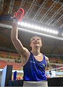 11 March 2024; Jude Gallagher of Ireland, celebrates after qualifying for the Olympics after winning their Men's 57kg Quarterfinals bout against Shukur Ovezov of Turkmenistan during day nine at the Paris 2024 Olympic Boxing Qualification Tournament at E-Work Arena in Busto Arsizio, Italy. Photo by Ben McShane/Sportsfile