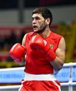 11 March 2024; Shukur Ovezov of Turkmenistan during their Men's 57kg Quarterfinals bout against Jude Gallagher of Ireland during day nine at the Paris 2024 Olympic Boxing Qualification Tournament at E-Work Arena in Busto Arsizio, Italy. Photo by Ben McShane/Sportsfile