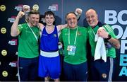 11 March 2024; Jude Gallagher of Ireland, second from left, celebrates with Ireland coaches, from left, James Doyle, Zaur Antia and Damian Kennedy after qualifying for the Olympics after winning their during their Men's 57kg Quarterfinals bout against Shukur Ovezov of Turkmenistan during day nine at the Paris 2024 Olympic Boxing Qualification Tournament at E-Work Arena in Busto Arsizio, Italy. Photo by Ben McShane/Sportsfile
