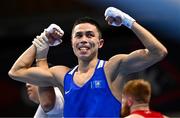11 March 2024; Saken Bibossinov of Kazakhstan celebrates after qualifying for the Olympics after winning their Men's 51kg Quarterfinals bout against Kieran MacDonald of Great Britain during day nine at the Paris 2024 Olympic Boxing Qualification Tournament at E-Work Arena in Busto Arsizio, Italy. Photo by Ben McShane/Sportsfile