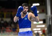 11 March 2024; Nurbek Oralbay of Kazakhstan during their Men's 80kg Quarterfinals bout during day nine at the Paris 2024 Olympic Boxing Qualification Tournament at E-Work Arena in Busto Arsizio, Italy. Photo by Ben McShane/Sportsfile