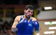 11 March 2024; Nurbek Oralbay of Kazakhstan during their Men's 80kg Quarterfinals bout against Kelyn Cassidy of Ireland during day nine at the Paris 2024 Olympic Boxing Qualification Tournament at E-Work Arena in Busto Arsizio, Italy. Photo by Ben McShane/Sportsfile