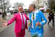 12 March 2024; Racegoers Paul Norfolk, right, and Ash Robinson on day one of the Cheltenham Racing Festival at Prestbury Park in Cheltenham, England. Photo by David Fitzgerald/Sportsfile
