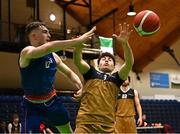 12 March 2024; Antonio di Vera of TUS Midlands has a pass stolen by Oisin Flynn of MICL during the Basketball Ireland College Division 3 Men's finals match between Technological University of the Shannon, Midlands and Mary Immaculate College Limerick at National Basketball Arena Tallaght. Photo by Tyler Miller/Sportsfile