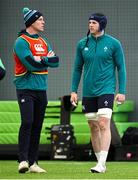 12 March 2024; Ryan Baird, right, and forwards coach Paul O'Connell during an Ireland rugby squad training session at the IRFU High Performance Centre at the Sports Ireland Campus in Dublin. Photo by Brendan Moran/Sportsfile