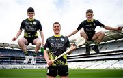 12 March 2024; John West Féile Ambassador and Kilkenny hurler Eoin Murphy with Sam Moore of Whitehall Colmcille and Conor Martin of Lucan Sarsfields during the launch of the John West Féile 2024 at Croke Park in Dublin. Photo by Ramsey Cardy/Sportsfile