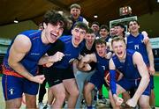12 March 2024; The MICL team celebrate after their side's victory in the Basketball Ireland College Division 3 Men's finals match between Technological University of the Shannon, Midlands and Mary Immaculate College Limerick at National Basketball Arena Tallaght. Photo by Tyler Miller/Sportsfile
