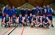 12 March 2024; The MICL team celebrate with the cup after the Basketball Ireland College Division 3 Men's finals match between Technological University of the Shannon, Midlands and Mary Immaculate College Limerick at National Basketball Arena Tallaght. Photo by Tyler Miller/Sportsfile